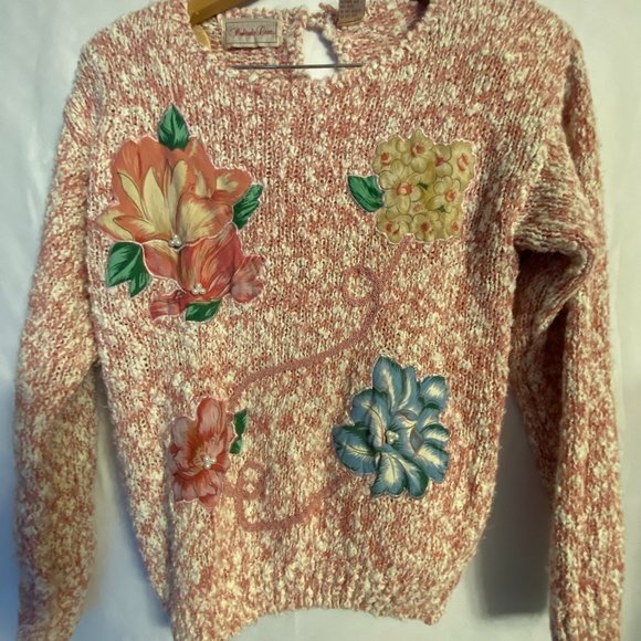 Penbrooke Lane Sweaters - Vintage Penbrooke Lane Womens Floral Applique Knit Pearl Sweater Size Small